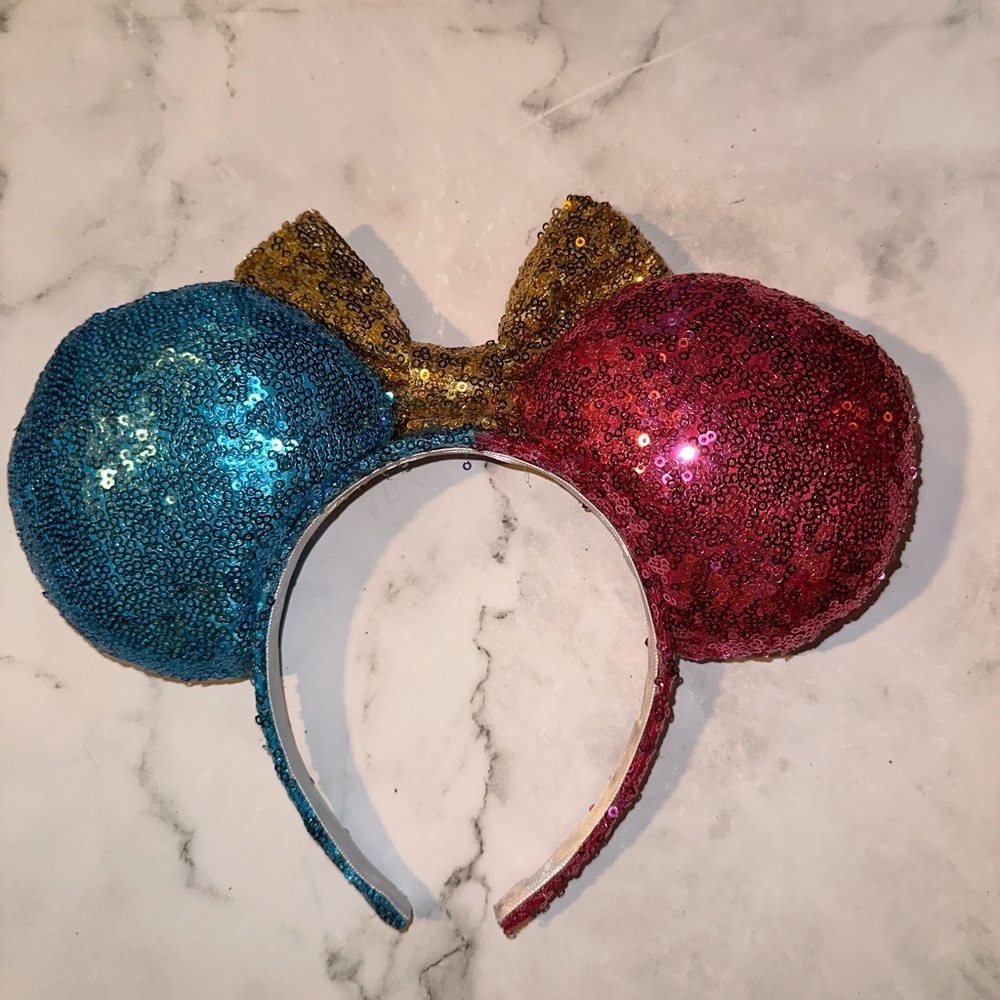 🌟 Disney CUSTOM Colorblock Sequin Minnie Mouse Ears Headband – Pink, Blue & Gold - Picture 3 of 3